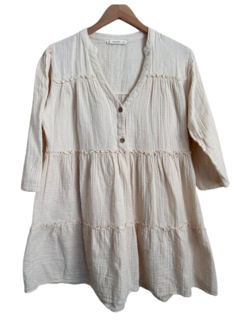 Cotton Gauze Tiered Mini Dress Cottagecore Coastal Grandma Boho Salty Lemon Sz L